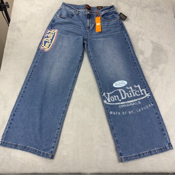 Von Dutch NWT Women's Size 30x32 Extra Wide Leg Flare Jeans Y2K Embroidered - Picture 1 of 16